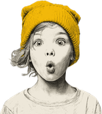 Sketch of a wide-eyed kid in a yellow beanie, mouth open in an O